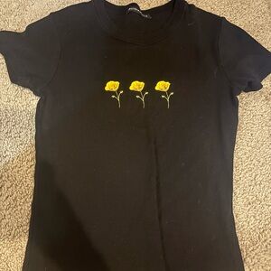 Brandy Melville Black Tee with Yellow Floral Embroidery